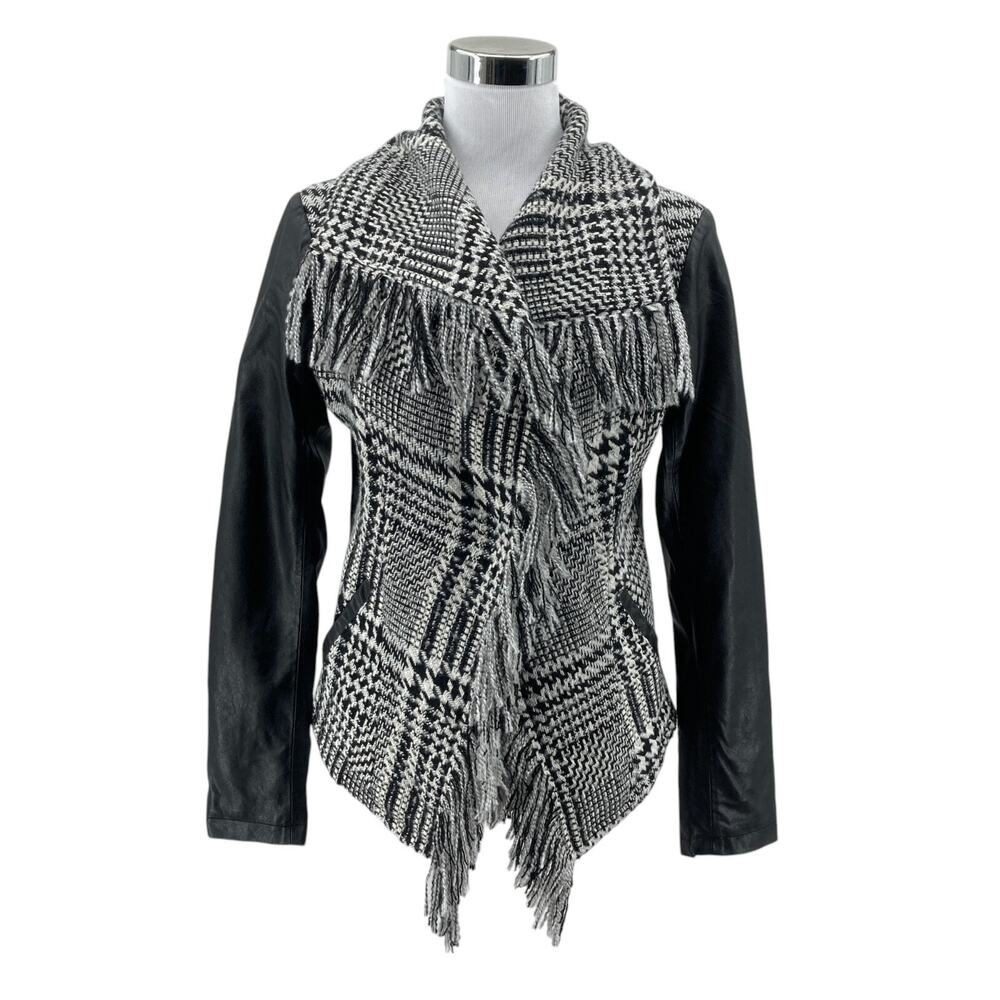 Guess Moto Jacket M Womens Black Wool Blend Faux Leather Arms Fringe Trim Plaid